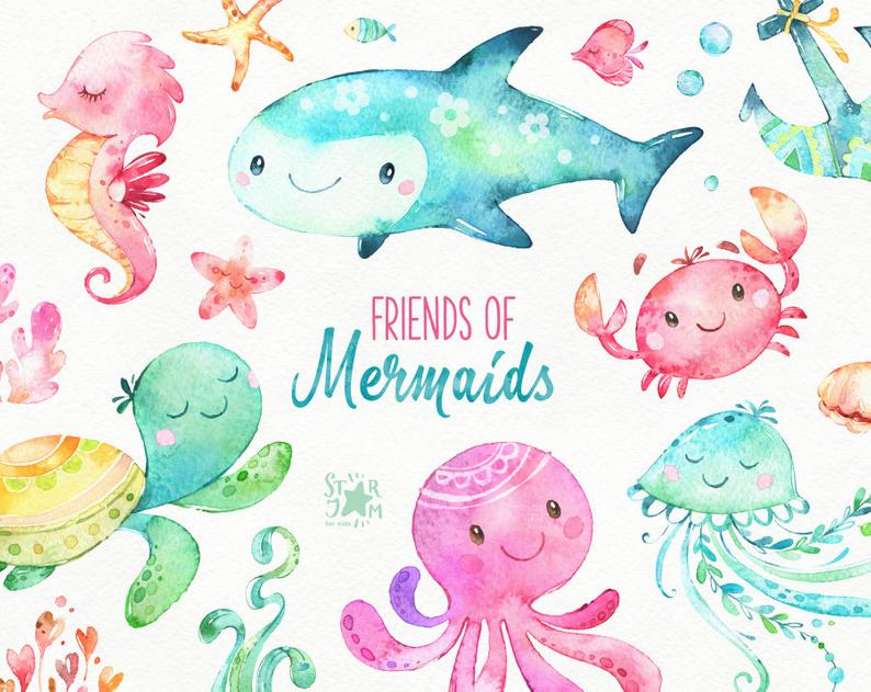Friends of mermaids watercolor. Jellyfish clipart underwater