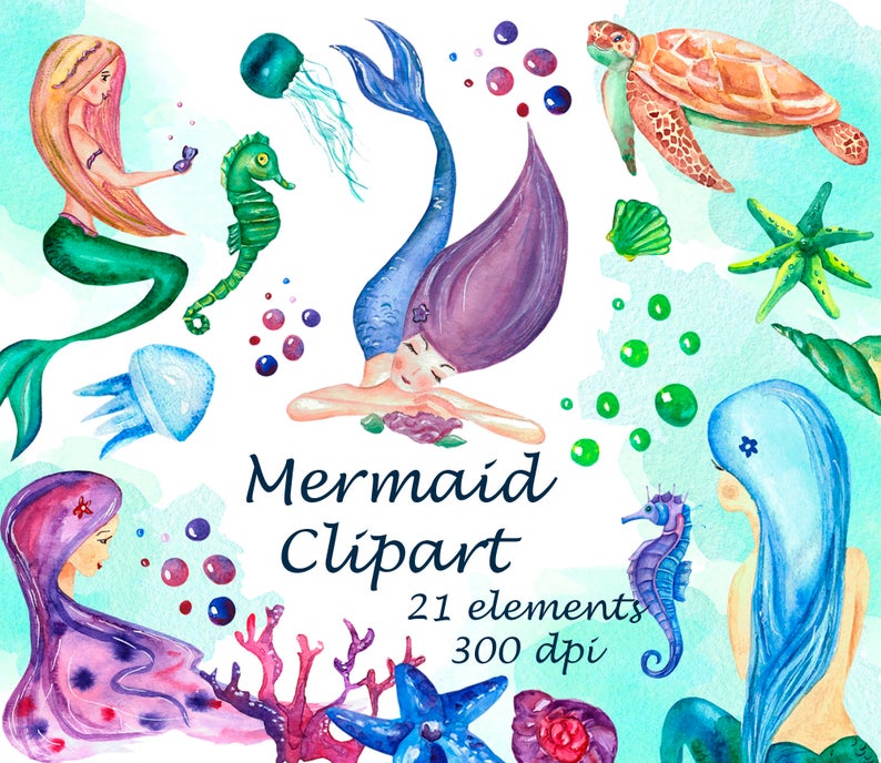 Jellyfish clipart underwater. Mermaid watercolor sea illustration
