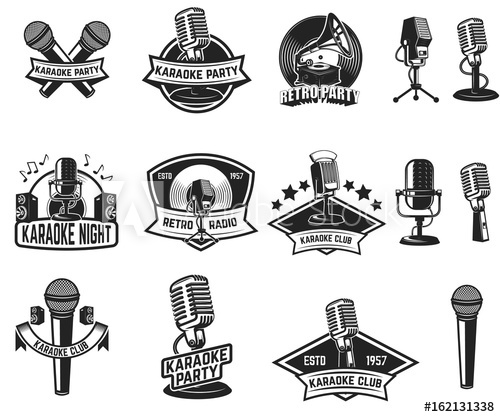 Karaoke clipart vintage microphone. Set of party labels