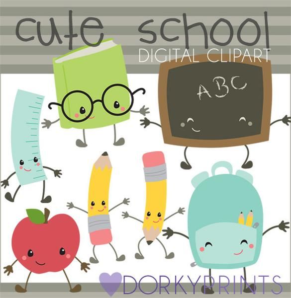 School watercolor and sets. Kawaii clipart teacher