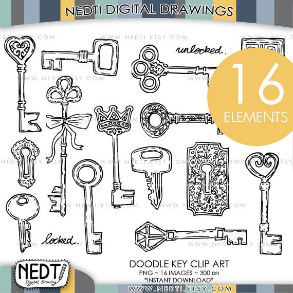 Keys doodle clip art. Key clipart classic