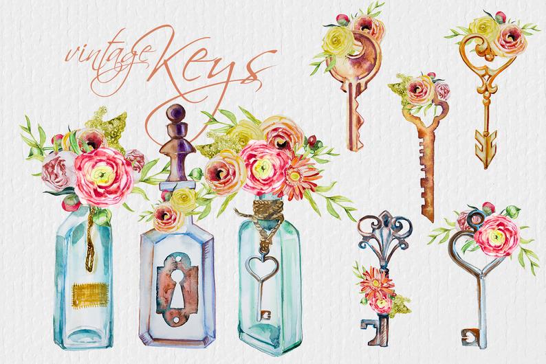 keys clipart watercolor