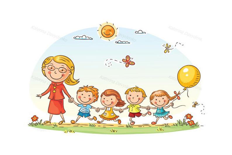Kindergarten clipart cartoon. Kids and their teacher