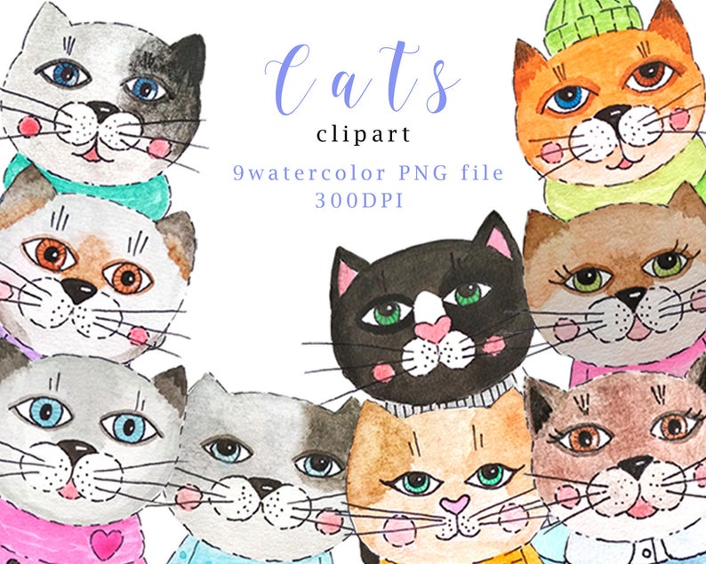 9 кошек. Watercolor Cats Clipart.