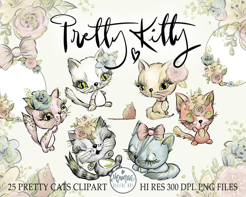 Hand drawn watercolor cats. Kitten clipart whimsical cat