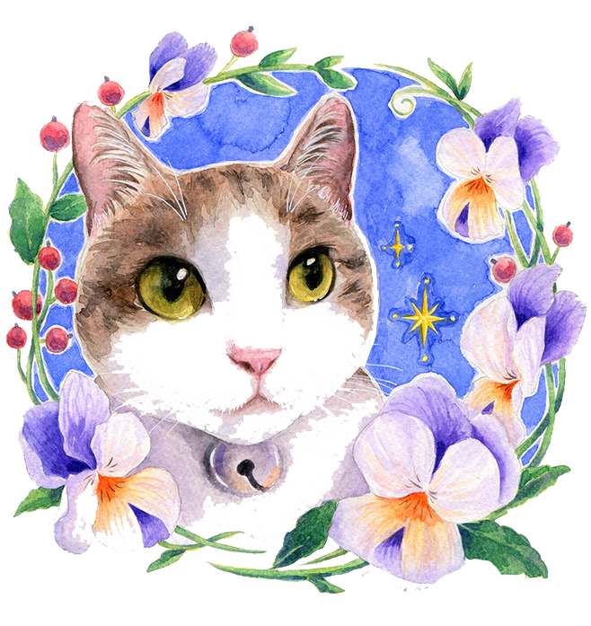 Flowers cat watercolour painting. Kittens clipart watercolor
