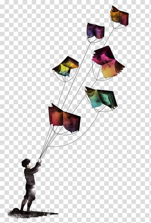 Boy playing book kites. Knowledge clipart illustration