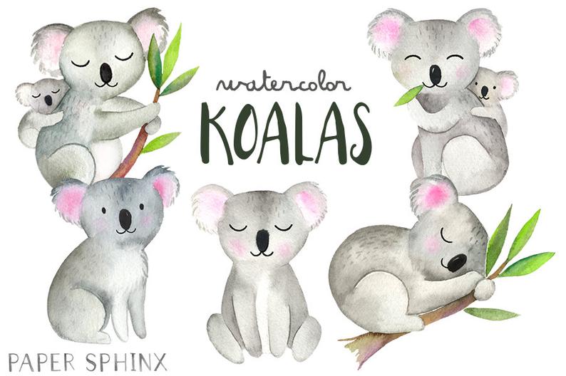 Koala clipart word. Watercolor koalas bear family