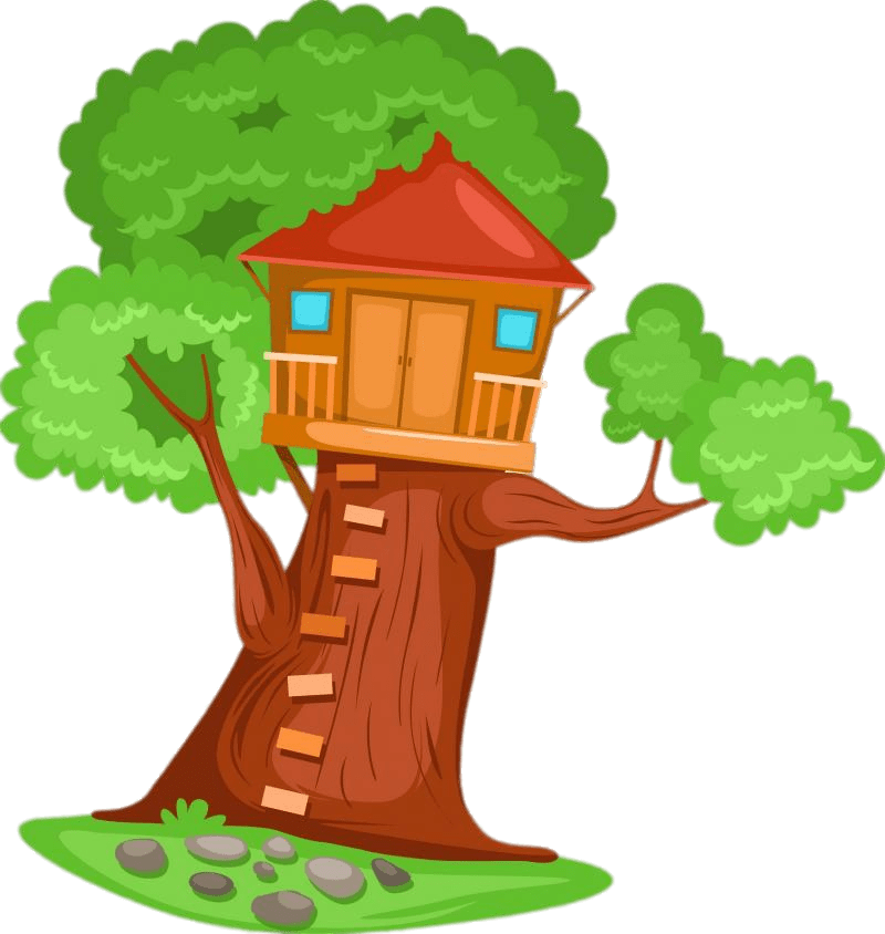 Treehouse with red roof. Ladder clipart tree house