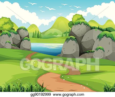 Nature clipart lake. Vector art scene with