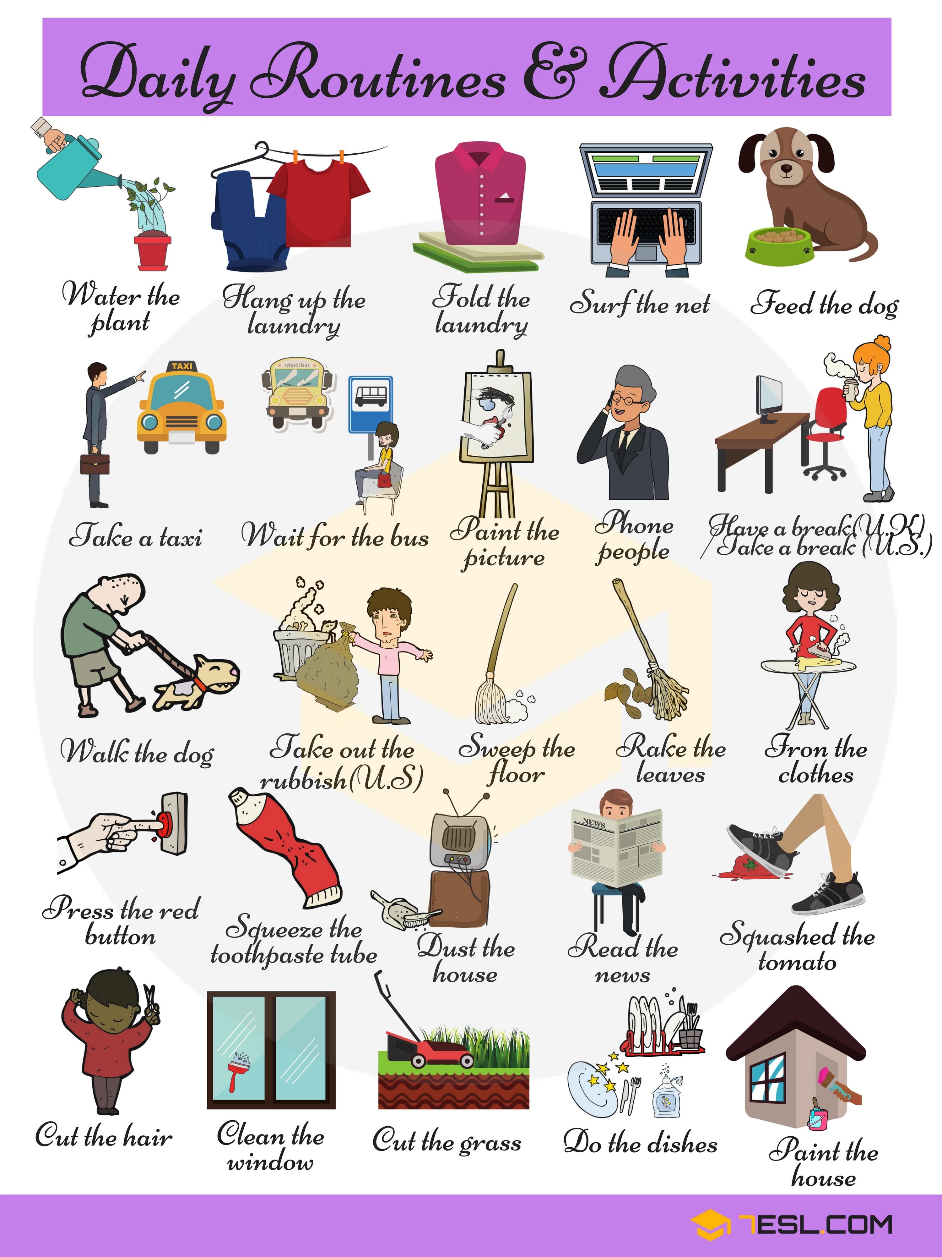 Daily routines useful words. Language clipart english activity