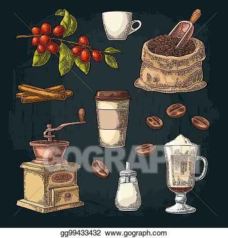 Vector art set hand. Latte clipart coffee glass