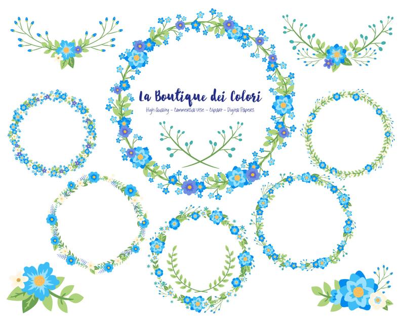 Blue flower wreath graphics. Laurel clipart cute