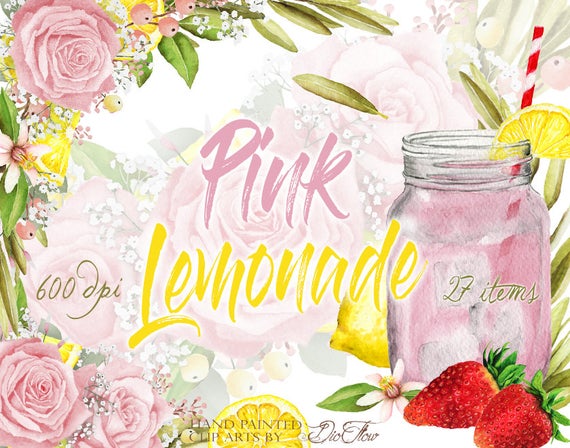 Lemon clipart strawberry lemonade. Pink rose flowers watercolor