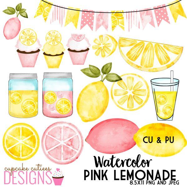 Pink digital clip art. Lemonade clipart watercolor