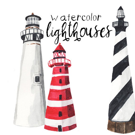 Watercolor lighthouses nautical party. Lighthouse clipart artistic