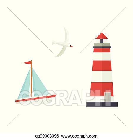 Vector art flat cartoon. Lighthouse clipart sailboat