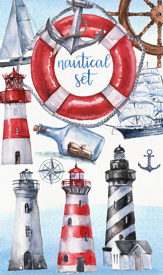 Lighthouse clipart vintage. Watercolor nautical set marine