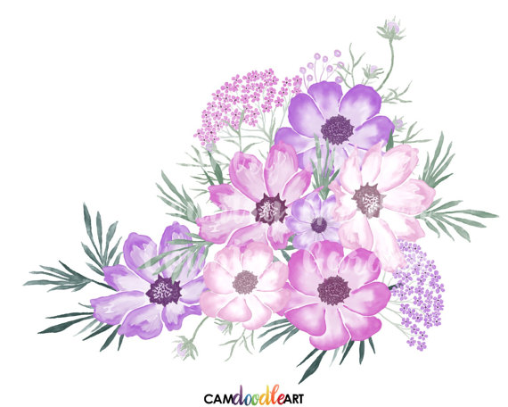 Pink and watercolor flowers. Lily clipart purple blossom