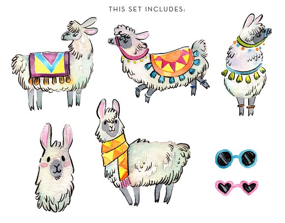 Party watercolor set illustrations. Llama clipart