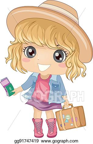Luggage clipart kid suitcase. Eps illustration girl travel