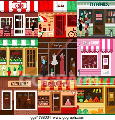 Mall clipart local shop. Vector illustration set of