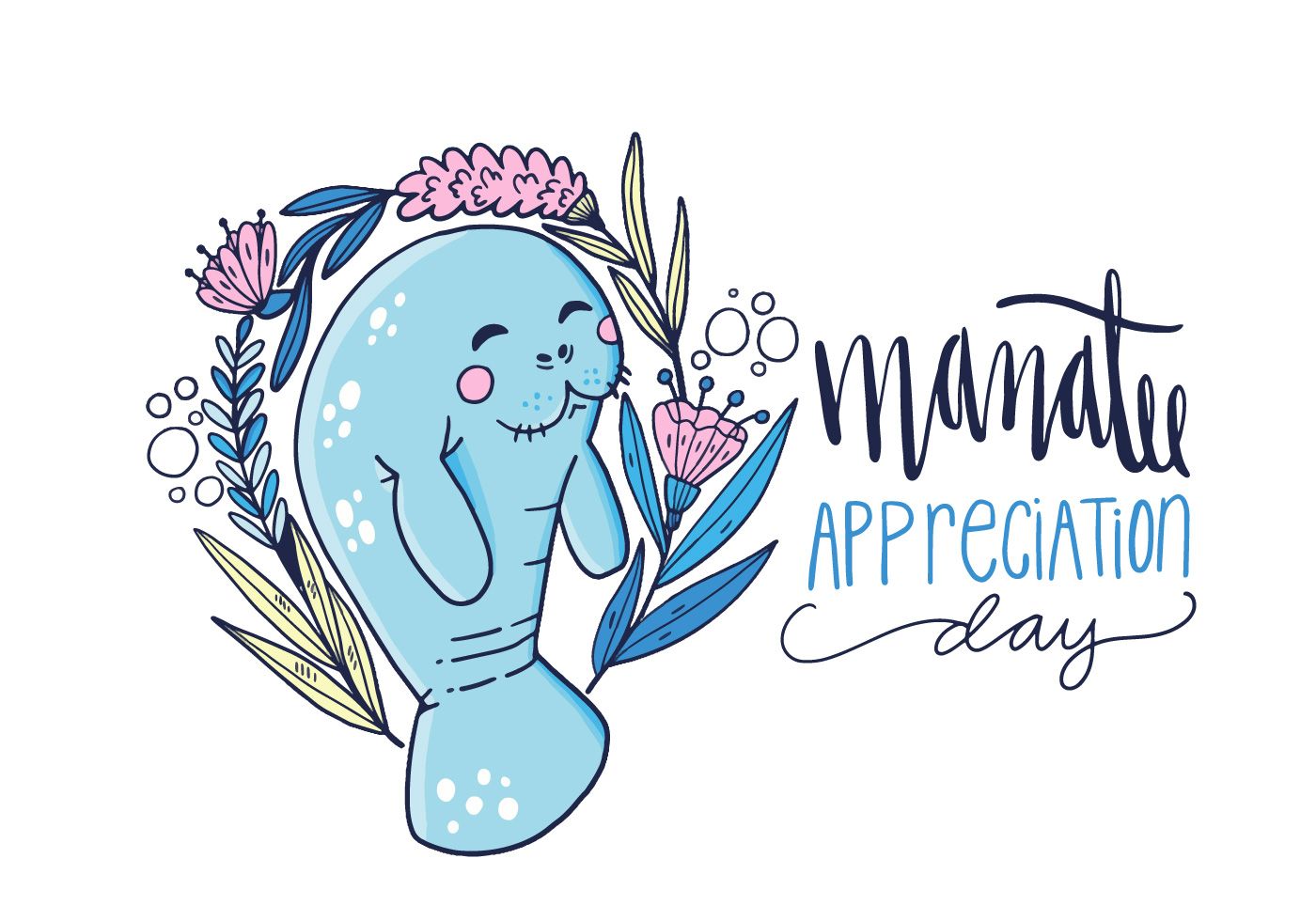 Cute character with flowers. Manatee clipart drawn