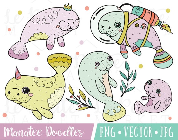 Illustration set cute illustrations. Manatee clipart kawaii