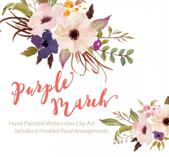 Watercolor flower clip art. March clipart floral