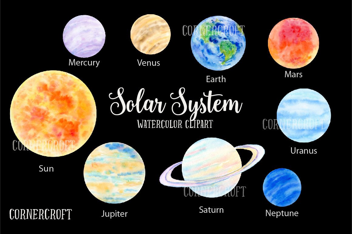 Mars clipart solar system mercury. Watercolor sun venus earth