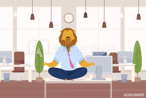 Worker with lion head. Meditation clipart office