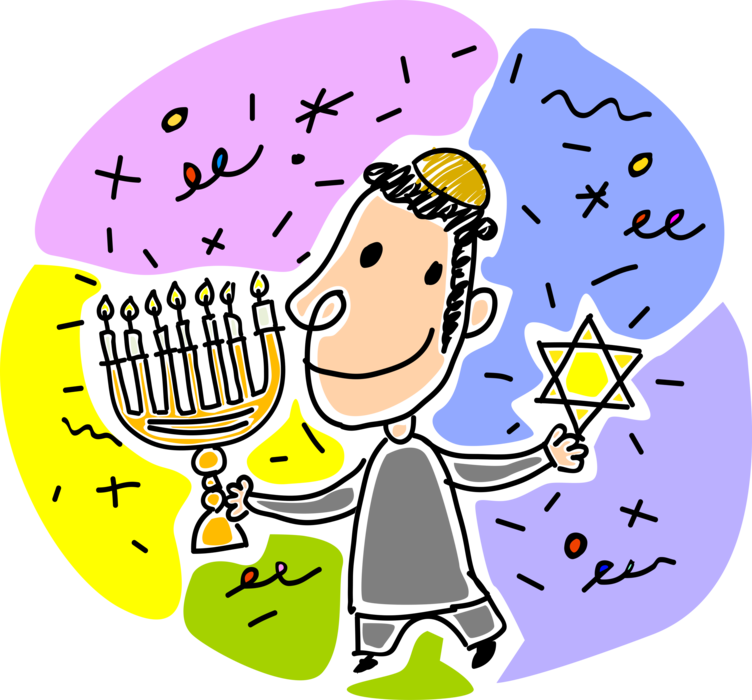 Jewish boy in synagogue. Menorah clipart lampstand
