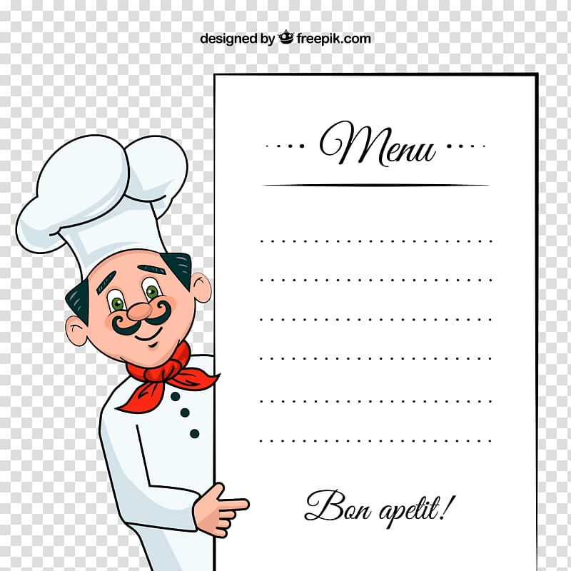 Smiling chef showing board. Menu clipart cheef