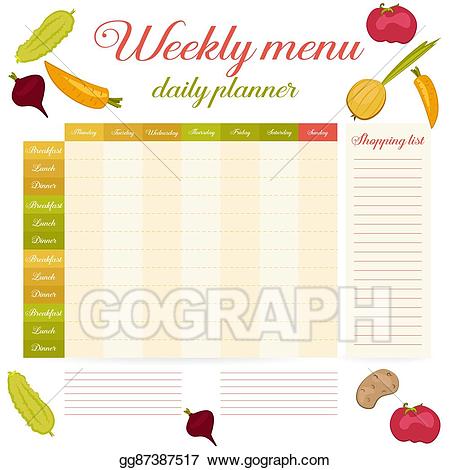 Planner clipart dinner menu. Eps vector weekly cute