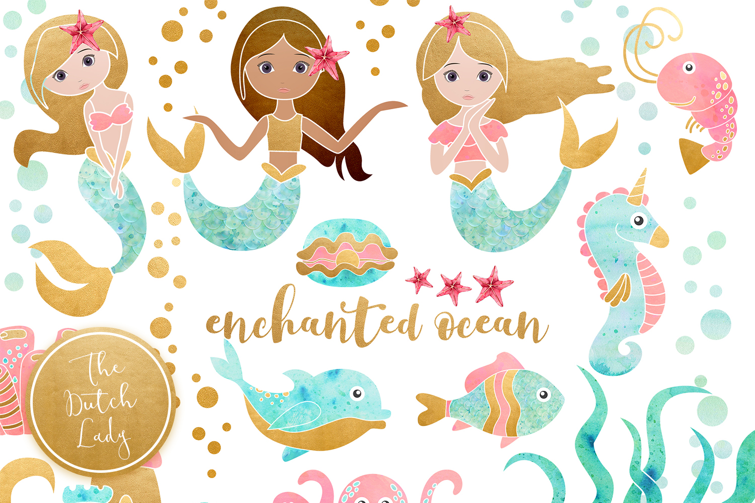 Mermaid clipart aqua. Enchanted ocean set vsual