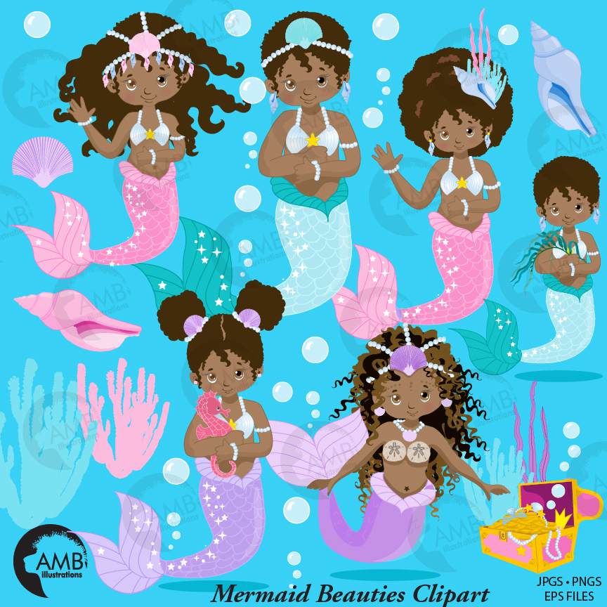 Mermaid clipart pastel. African american mermaids graphics