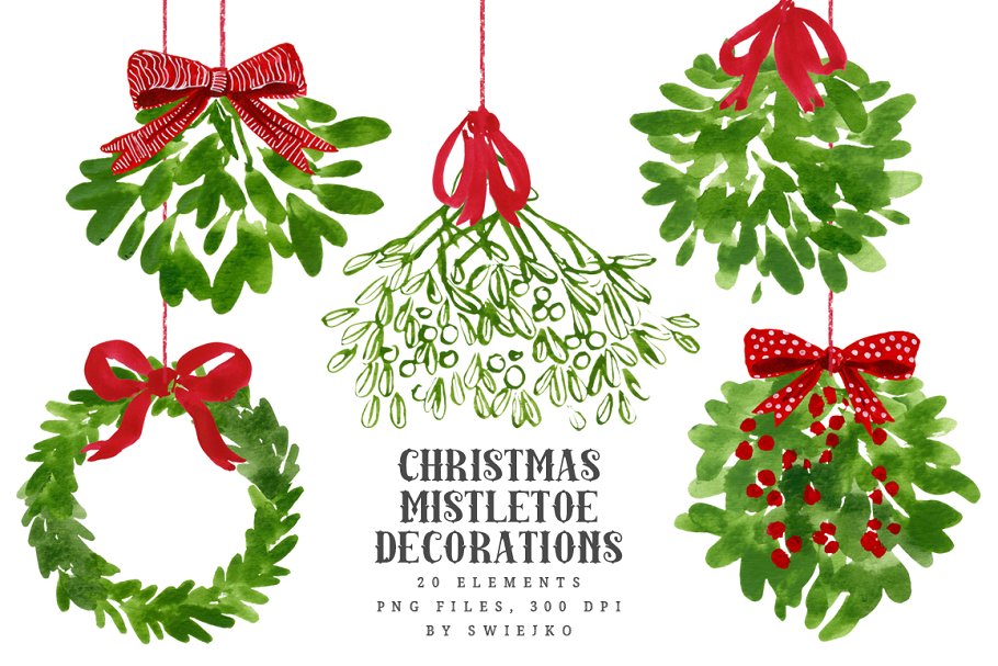 Christmas clip art illustrations. Mistletoe clipart painting