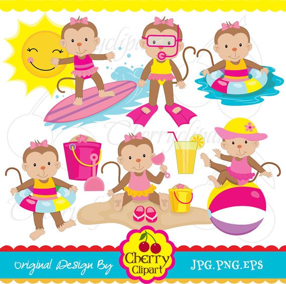 Monkeys clipart summer. Beach time for girls