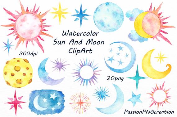 Sun stars watercolour clip. Moon clipart watercolor