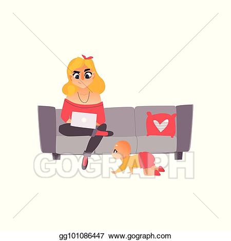 Vector illustration young woman. Mother clipart work at home