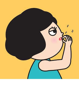 Biting exhausted nervous girl. Nail clipart bitting