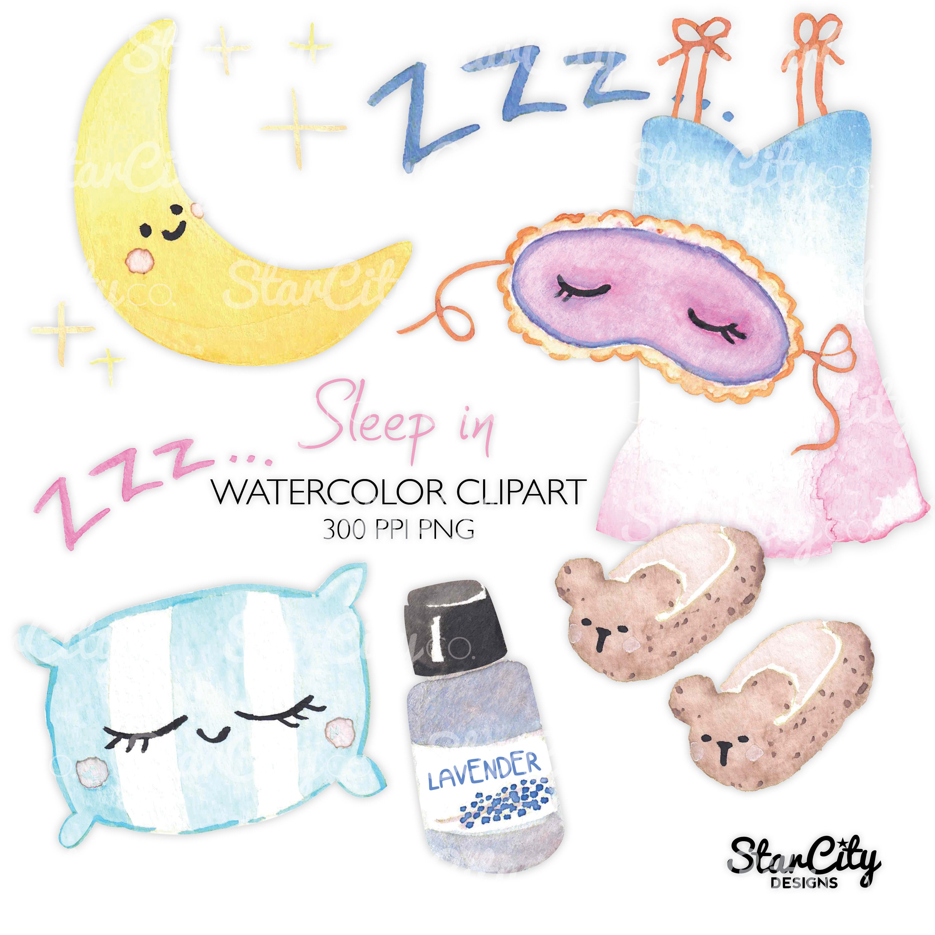 Watercolor sleep in moon. Naptime clipart sleeping bag pillow