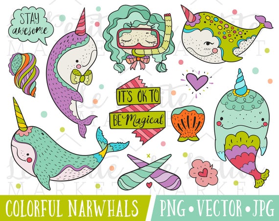Narwhal clipart colorful. Illustration set cute nautical