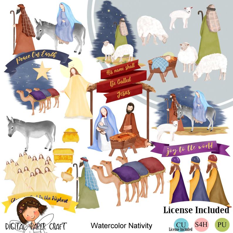 Nativity clipart watercolor. Christian instant download christmas