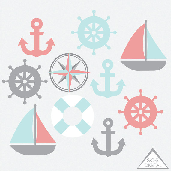 Nautical clipart simple. Mint and coral sailboat