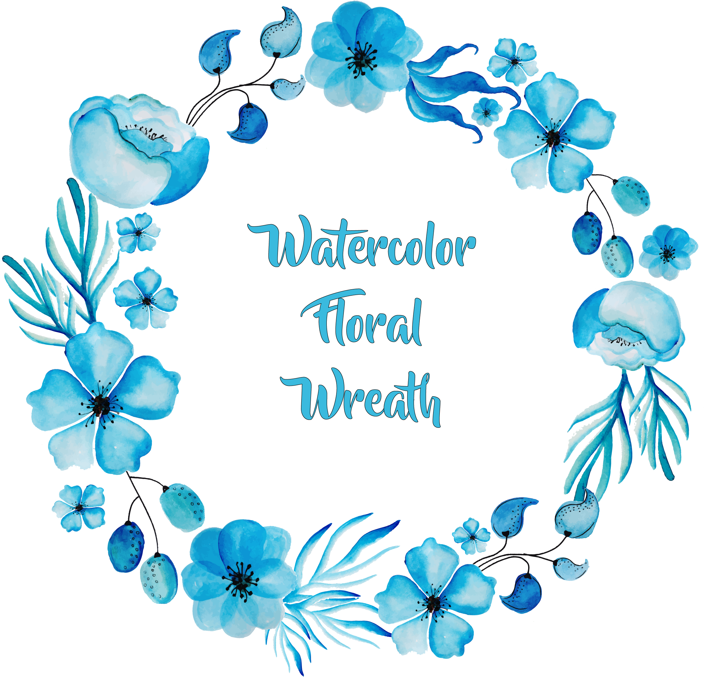 Watercolor painting flower blue. Navy clipart wreath