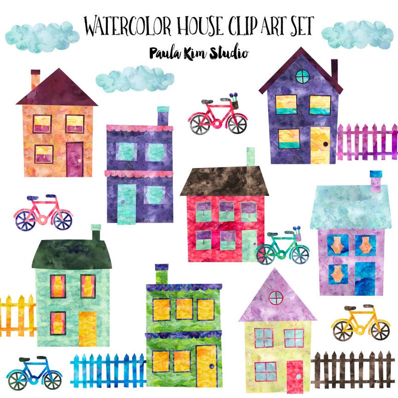 Neighborhood clipart rainbow house. Clip art watercolor with
