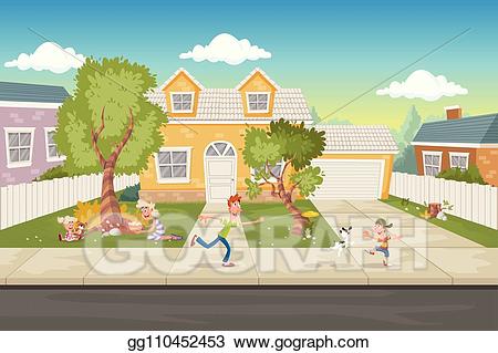 Vector art cartoon family. Neighborhood clipart suburb