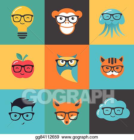 Vector geek hipster icons. Nerd clipart smart glass