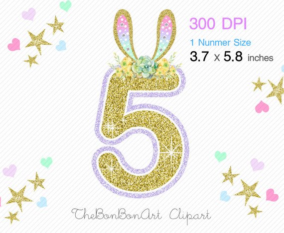Watercolor bunny floral numbers. Number 1 clipart birthday number 5